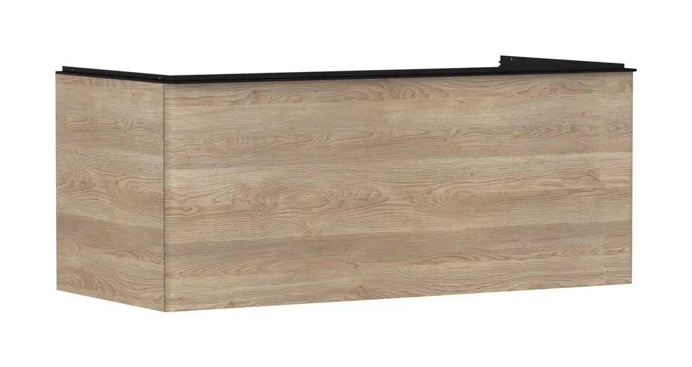 Waschtischunterschrank in Holzoptik, mit durchgehender Oberfläche und einem Schubkasten. Von der Marke Hansgrohe, geeignet für Montage mit Aufsatzwaschtisch.